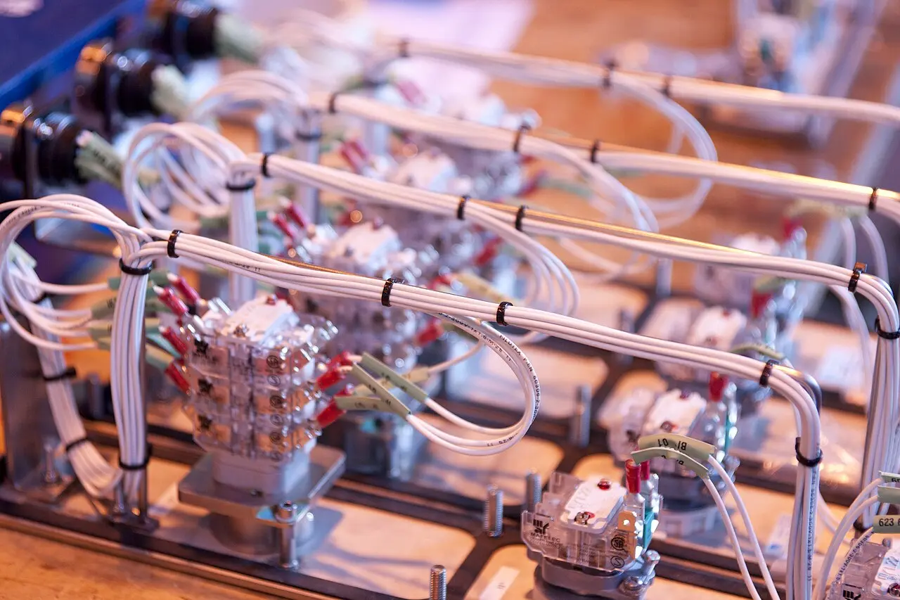 Modular industrial contactors and relay stacks with their control wiring visible