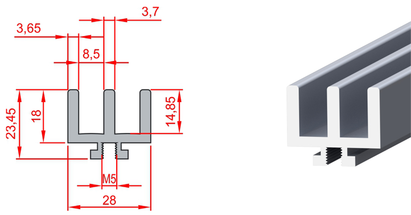 Doğuş Kalıp 18x28 Sürgü Profili K8 - üretici ürün görseli ve teknik çizim